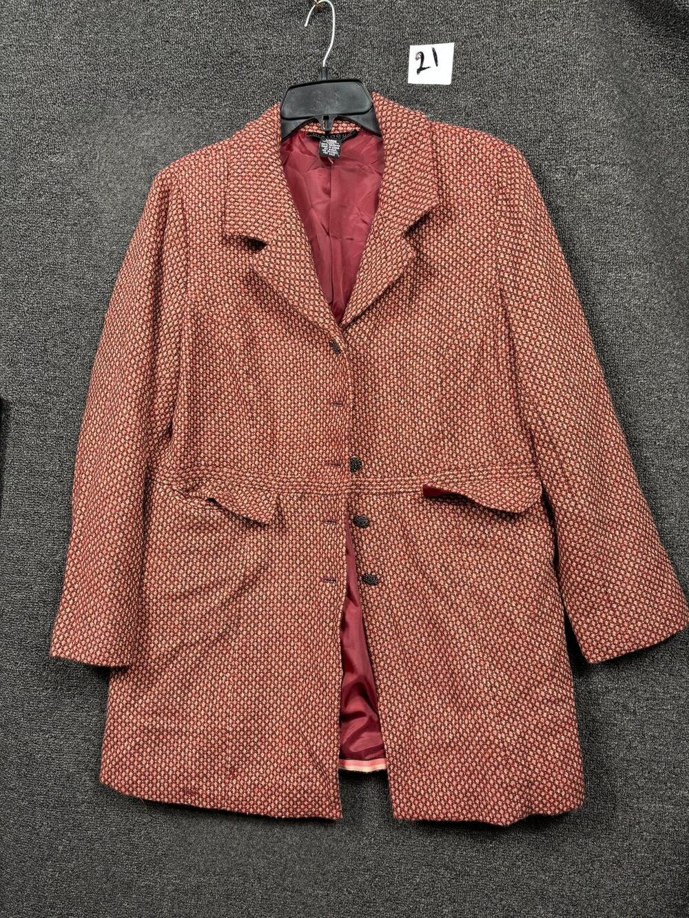 Dialogue Coat Womens Large Red Wool Tweed Single Breasted Lined Mid Length